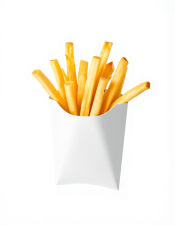 French fries in a white paper box isolated on a white background.