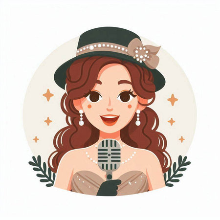 Retro woman singing karaoke. Vector illustration in cartoon style.のイラスト素材