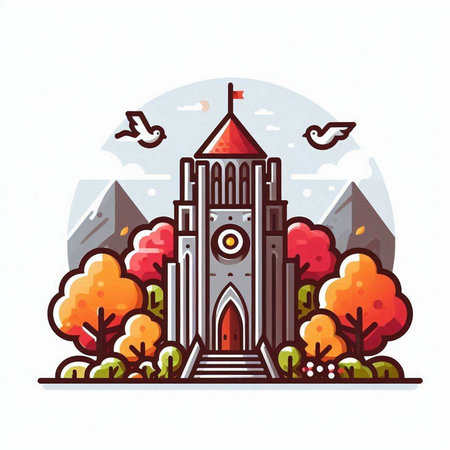 Church in autumn season. Colorful vector illustration in flat style.のイラスト素材