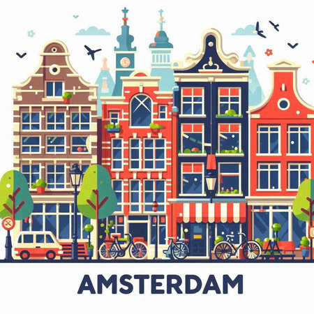Amsterdam cityscape. Vector illustration in flat design style. Amsterdam cityscape with buildings, streets and houses.のイラスト素材