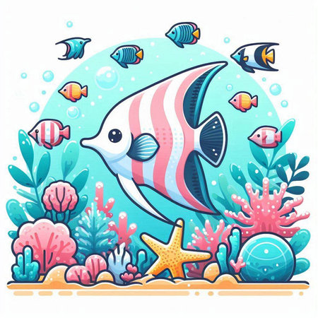 Cartoon fish and coral reef. Underwater world vector illustration.のイラスト素材