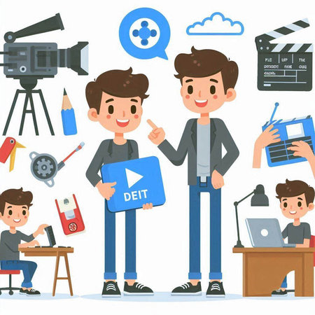 Video blogger, videographer, cameraman. Vector illustration in cartoon style.のイラスト素材