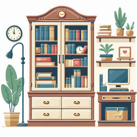 Bookshelf with books and clocks. Vector illustration in flat styleのイラスト素材