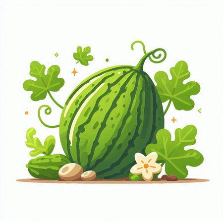 Watermelon with leaves and flowers on a white background. Vector illustration.のイラスト素材