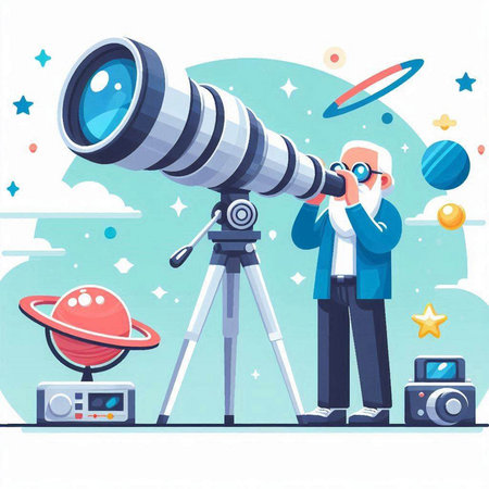 Vector illustration of a photographer with a camera and a telescope. Flat style.のイラスト素材