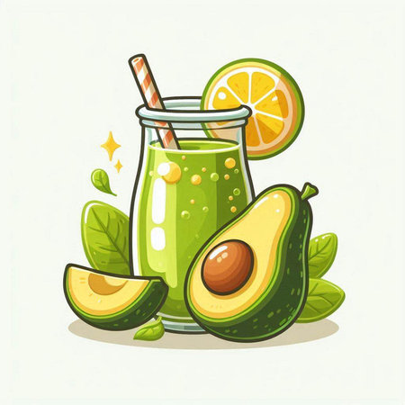 Avocado smoothie with lime and mint. Vector cartoon illustration.のイラスト素材