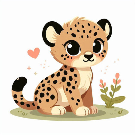 Cute baby cheetah sitting on the ground. Vector illustration.のイラスト素材