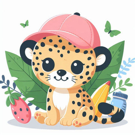 Cute cartoon leopard in a cap and with a bottle of waterのイラスト素材