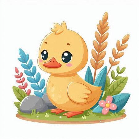 Cute cartoon duckling with flowers and grass. Vector illustration.のイラスト素材