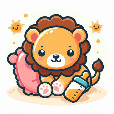 Cute baby lion with bottle of milk. Vector cartoon illustration.のイラスト素材