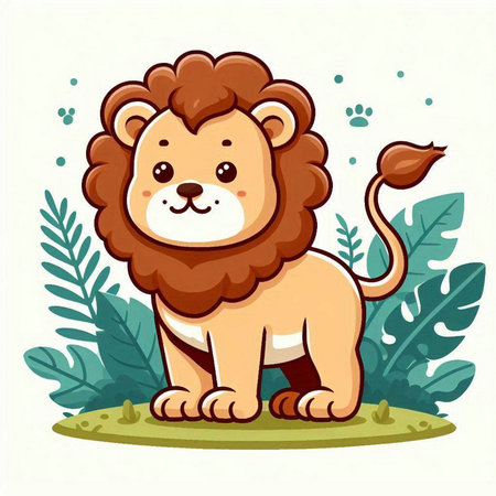 Cute lion in the jungle. Vector illustration in cartoon style.のイラスト素材