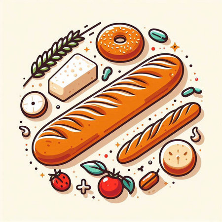 Baguette, bread and other bakery products. Vector illustration.のイラスト素材
