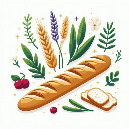 Bread and bakery products. Vector illustration of a baguette, wheat, rye, currant, cherry, sunflower, wheat.のイラスト素材