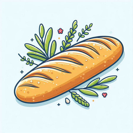 Baguette with olive branch and leaves. Vector illustration in cartoon style.のイラスト素材