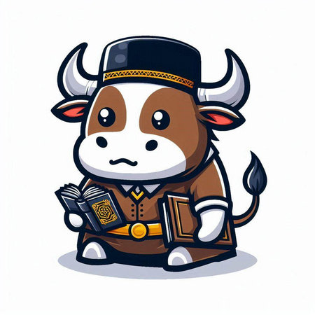 cow in a hat with a book in his hands on a white backgroundのイラスト素材