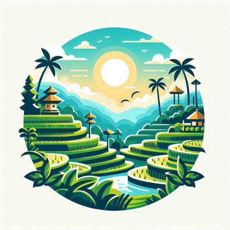 Vector illustration of a beautiful landscape with rice terraces, palm trees and a house.のイラスト素材