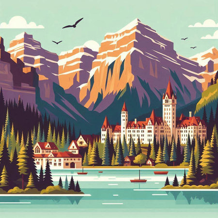 Beautiful landscape with mountains, lake and wooden houses. Vector illustrationのイラスト素材
