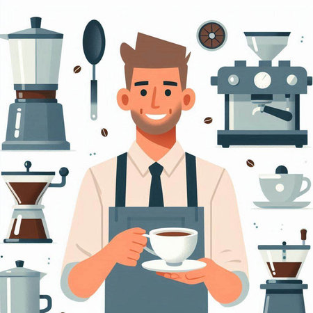 Coffee shop, barista in apron holding cup of coffee. Flat style vector illustration.のイラスト素材