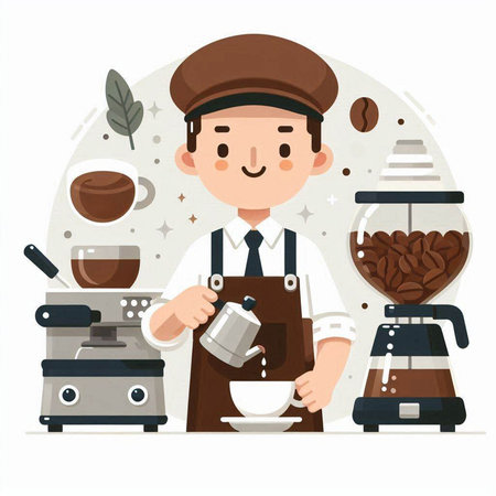 Coffee shop. Cute cartoon man in apron making coffee. Vector illustration.のイラスト素材