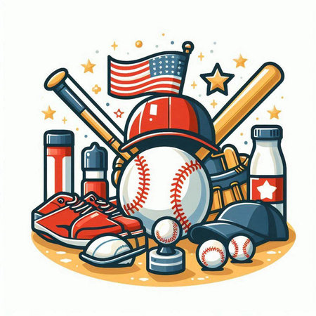 Baseball sport elements. Baseball ball, bat, ball, helmet, glove, baseball cap, ball, bat, ball, ball. Vector illustrationのイラスト素材