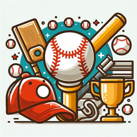 Baseball sport game emblem with ball, bat and helmet. Vector illustration.のイラスト素材