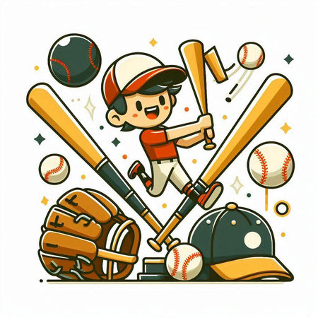 Vector illustration of boy playing baseball with ball, bat, glove and baseball capのイラスト素材