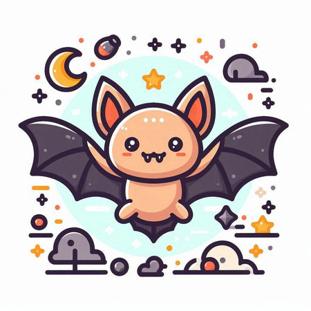Cute cartoon kawaii bat with moon and stars. Vector illustration.のイラスト素材