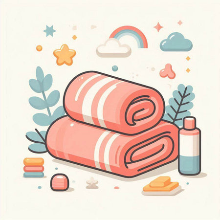 Towels and cosmetics. Vector illustration in flat cartoon style.のイラスト素材