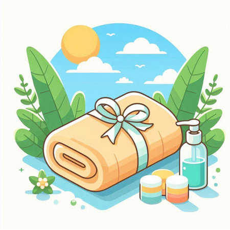 Spa and wellness concept. Towel roll, lotion, cream, soap, towel, massage oil. Vector illustrationのイラスト素材