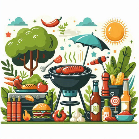 Barbecue party with grill, food and drinks. Vector illustration.のイラスト素材