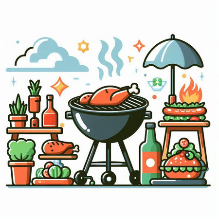 Barbecue grill with chicken and vegetables. Vector illustration in doodle style.のイラスト素材