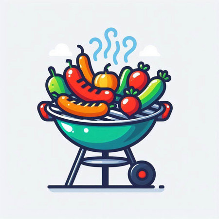 Barbecue grill with vegetables. Vector illustration in doodle style.のイラスト素材