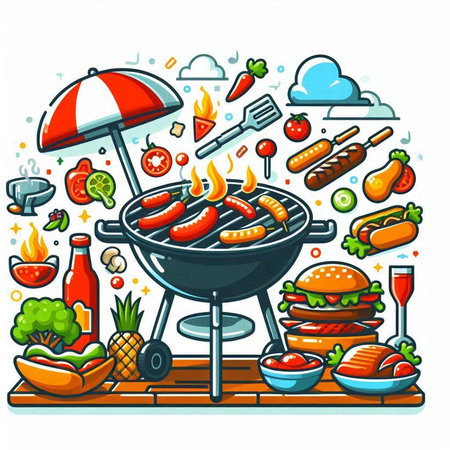 Barbecue grill with food. Vector illustration in doodle styleのイラスト素材