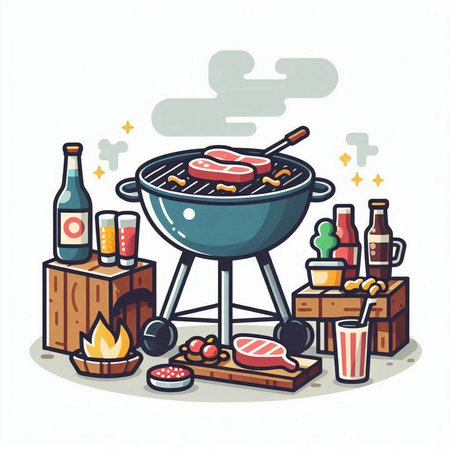 Barbecue grill with food and drinks. Vector illustration in cartoon style.のイラスト素材
