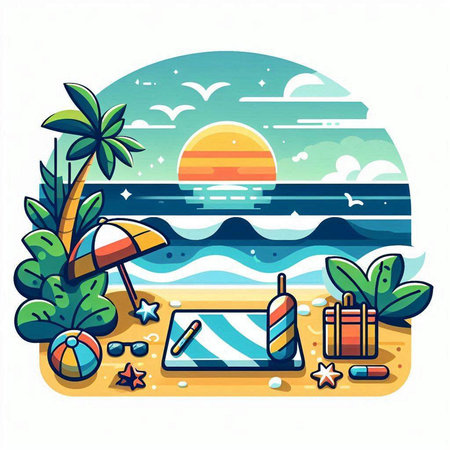 Sunset Beach Summer Holiday Vacation Concept. Vector Illustration.のイラスト素材