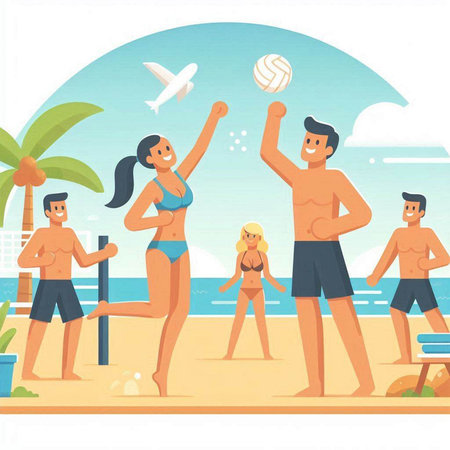 People Playing Volleyball on the Beach Vector Illustration. Summer Vacationのイラスト素材