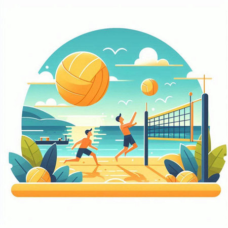 Volleyball player on beach. Male and female characters play volleyball. Vector illustrationのイラスト素材