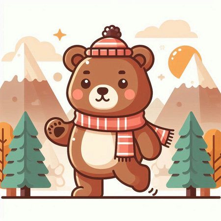 Cute cartoon bear in scarf and hat on the background of mountains. Vector illustration.のイラスト素材