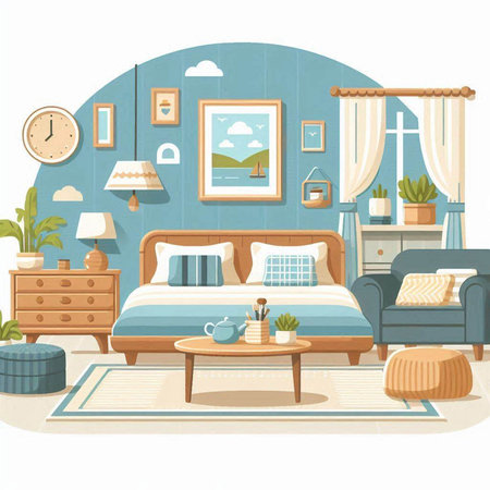 Bedroom interior with furniture and accessories. Vector illustration in cartoon styleのイラスト素材