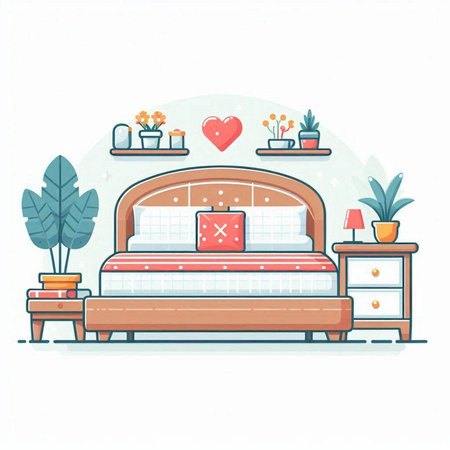 Bedroom interior with furniture. Vector illustration in flat cartoon style.のイラスト素材