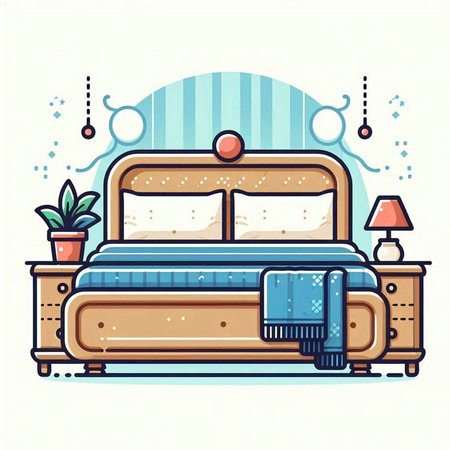 Vector illustration of a cozy bedroom with bed and pillows. Cartoon style.のイラスト素材