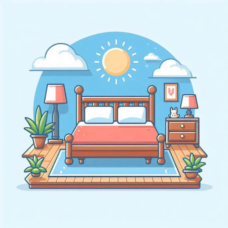 Bedroom vector illustration in cartoon style. Bedroom with bed and lamp.のイラスト素材