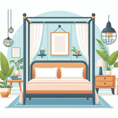Bedroom interior. Vector illustration in flat style. Bedroom with bed, pillows and lamps.のイラスト素材
