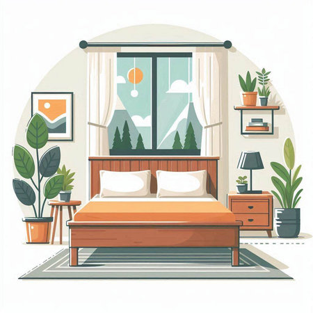 Bedroom interior. Bedroom in cartoon style. Vector illustration.のイラスト素材
