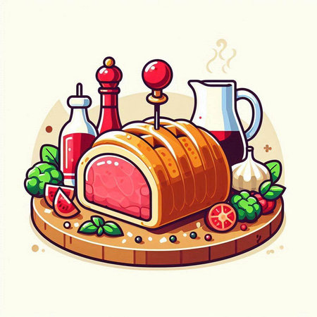 Piece of meat on the table with spices. Vector illustration.のイラスト素材