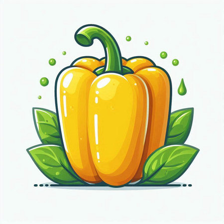 Illustration of a bell pepper with green leaves on a white backgroundのイラスト素材