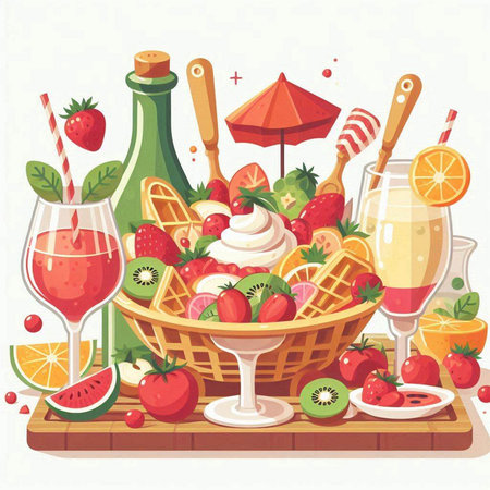 Summer picnic. Strawberries, strawberries, kiwi, ice cream, lemonade, ice cream, champagne, wine. Vector illustrationのイラスト素材