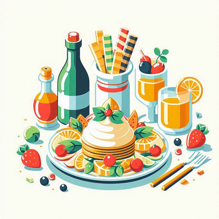 Pancakes with fruits and berries on a plate. Vector illustrationのイラスト素材