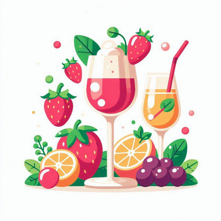 Strawberry, orange, grape and wine glasses. Vector illustrationのイラスト素材