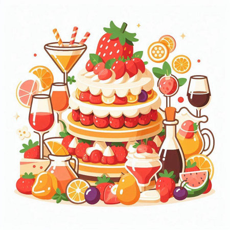 Fruit cake with cream, berries and fruits. Vector illustration.のイラスト素材